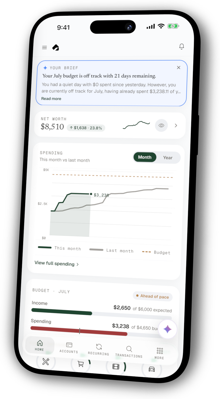 Boglr app home screen showing net worth, spending, and budget